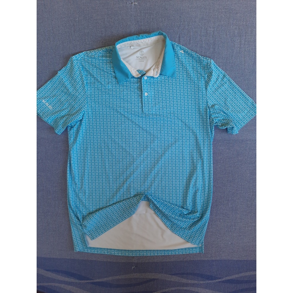 Scales Gear Mens Performance Polo Shirt Blue Geometric Fishing Golf Large